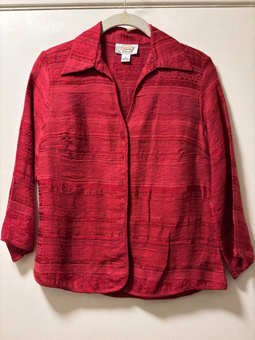 Talbots Red Textured Button-Down Shirt with Open Collar